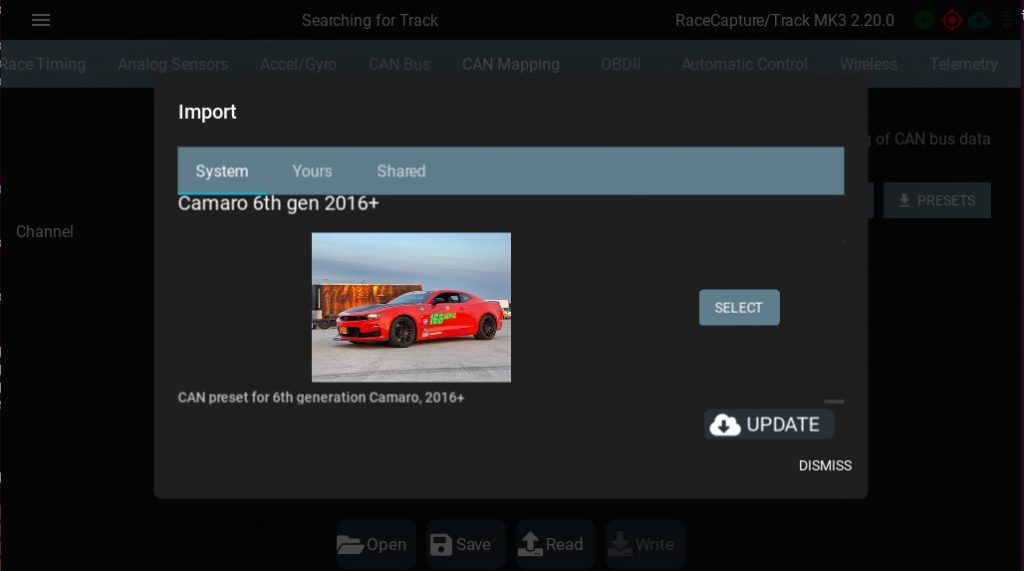 RaceCapture CAN preset for General Motors Camaro 6th generation – 2016+